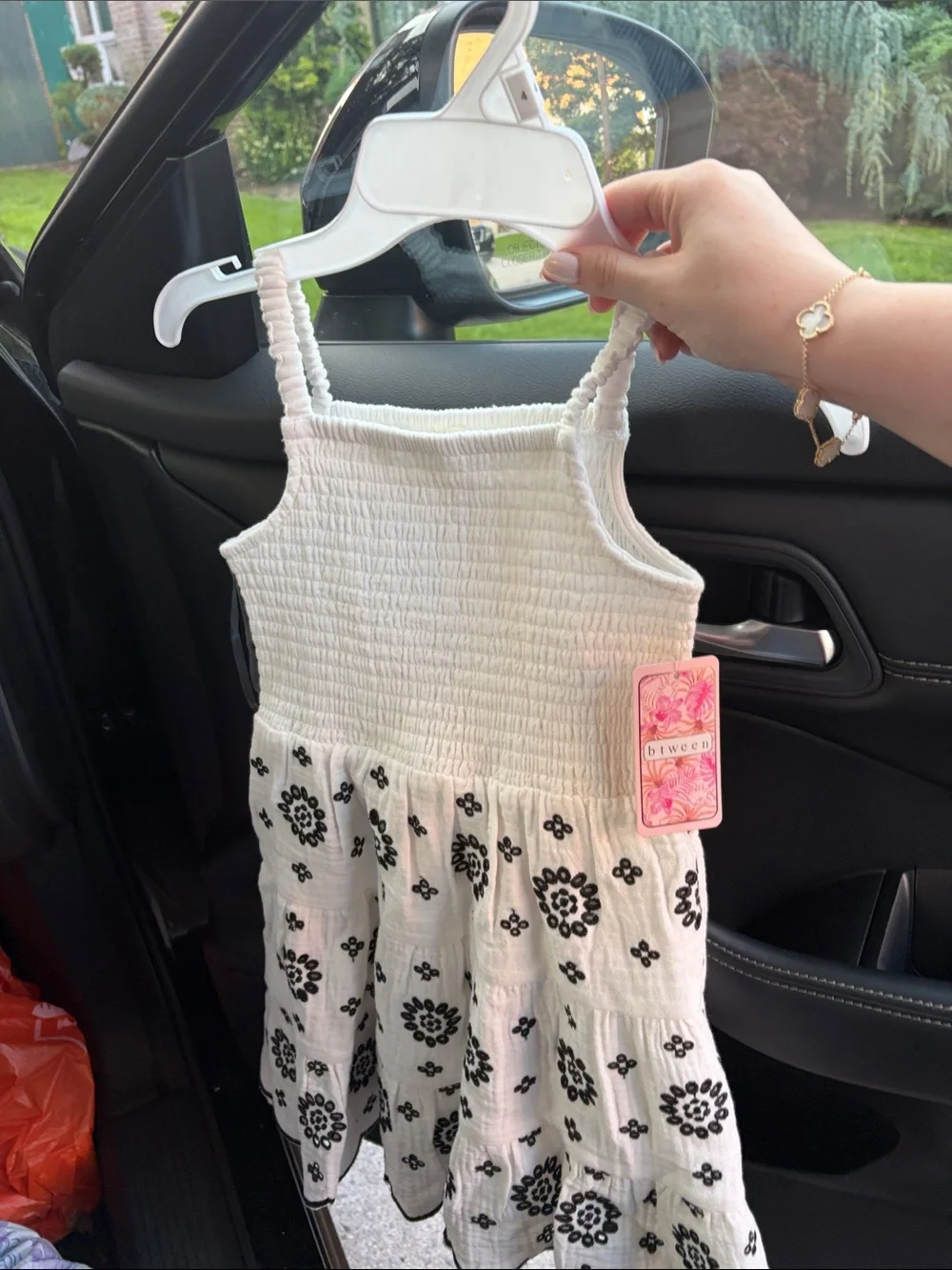 White Smocked Sundress with Black Floral Embroidery